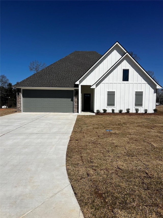 modern farmhouse style home with board and batten siding, concrete driveway, an attached garage, roof with shingles, and brick siding