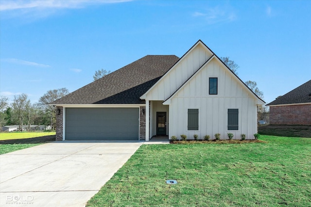 view of front of home with a front yard, roof with shingles, concrete driveway, a garage, and board and batten siding