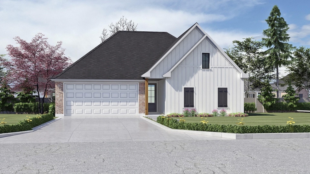 modern farmhouse style home with concrete driveway, brick siding, board and batten siding, and a shingled roof