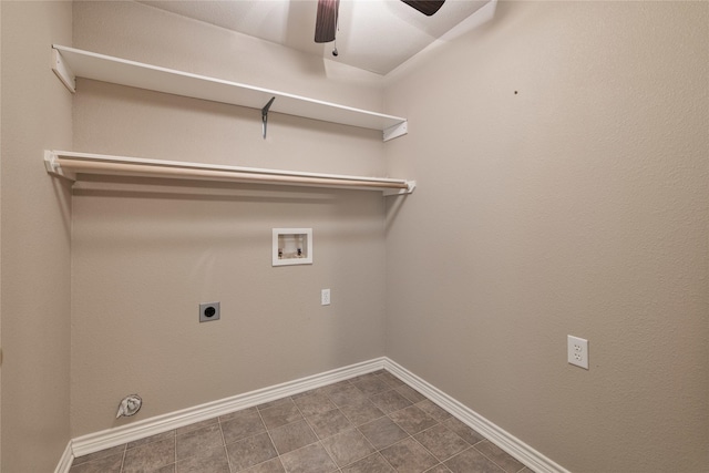 clothes washing area with ceiling fan, electric dryer hookup, and hookup for a washing machine