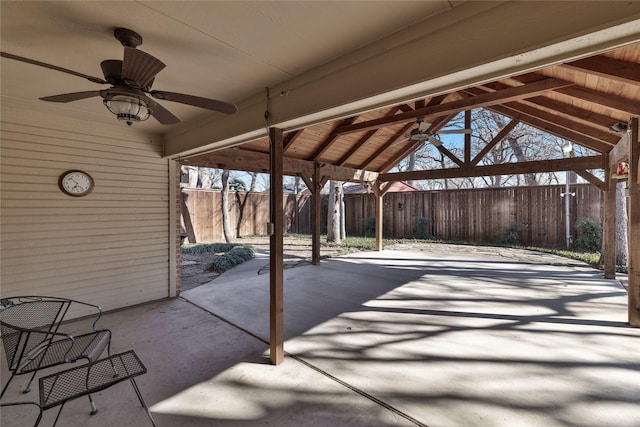 view of patio / terrace with ceiling fan and a gazebo