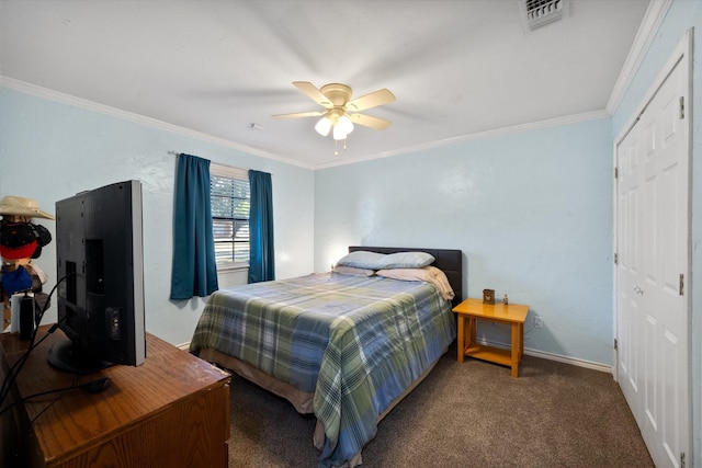 bedroom with a ceiling fan, visible vents, dark colored carpet, and crown molding