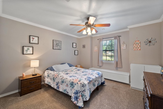 bedroom with baseboards, a ceiling fan, light colored carpet, and crown molding