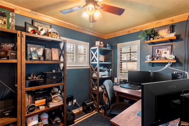 office area with ceiling fan, a textured ceiling, and ornamental molding