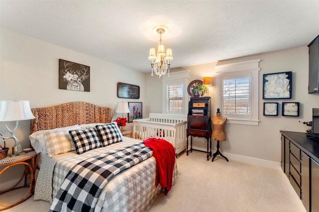 carpeted bedroom with radiator and a notable chandelier