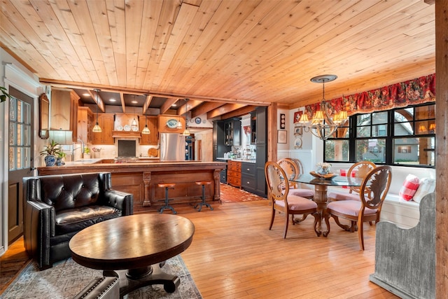 dining space with wood ceiling, a chandelier, and light hardwood / wood-style flooring