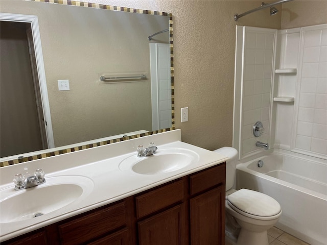 full bathroom with toilet, shower / bath combination, tile patterned floors, and vanity