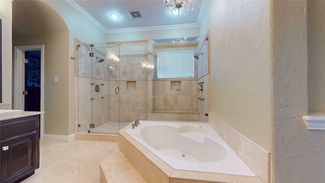 bathroom with vanity, tile patterned floors, independent shower and bath, and ornamental molding