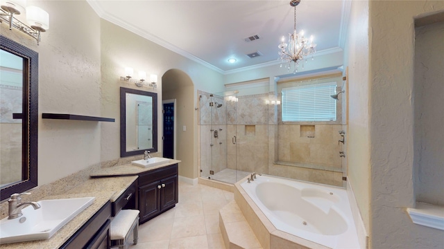 bathroom with tile patterned floors, vanity, ornamental molding, a notable chandelier, and independent shower and bath