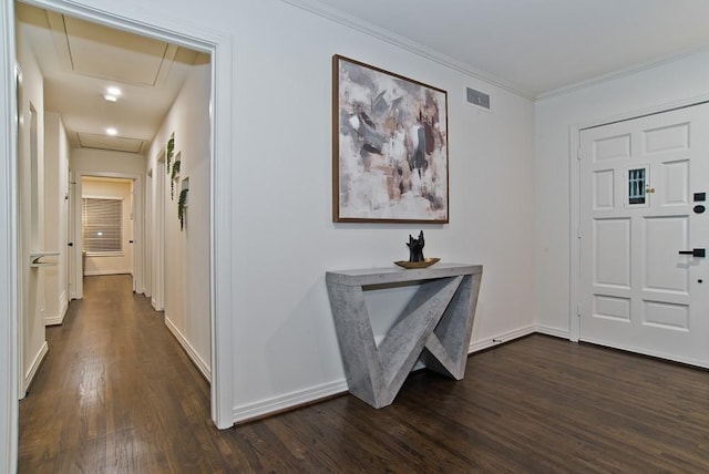 foyer entrance with ornamental molding and dark hardwood / wood-style flooring