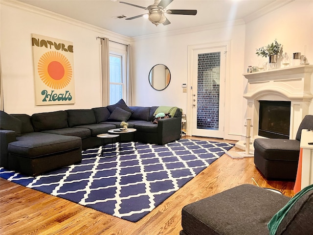 living room with ceiling fan, crown molding, and hardwood / wood-style flooring