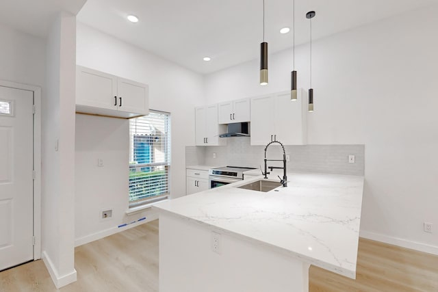 kitchen featuring pendant lighting, white cabinets, wall chimney range hood, sink, and kitchen peninsula