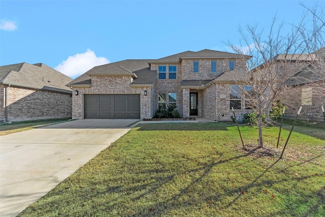 view of front of house with a front yard and a garage