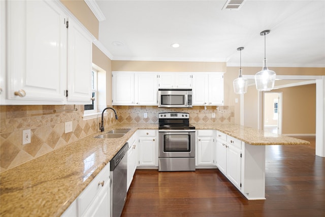 kitchen featuring sink, appliances with stainless steel finishes, kitchen peninsula, pendant lighting, and white cabinets