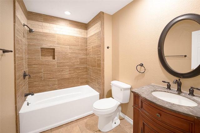 full bathroom with tiled shower / bath combo, vanity, tile patterned flooring, and toilet