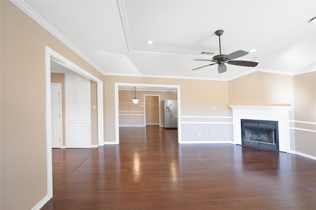 unfurnished living room with ornamental molding, dark wood-type flooring, and ceiling fan