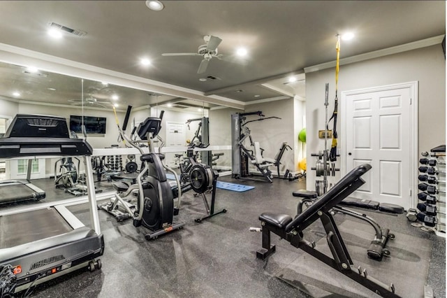 workout area with ceiling fan and ornamental molding