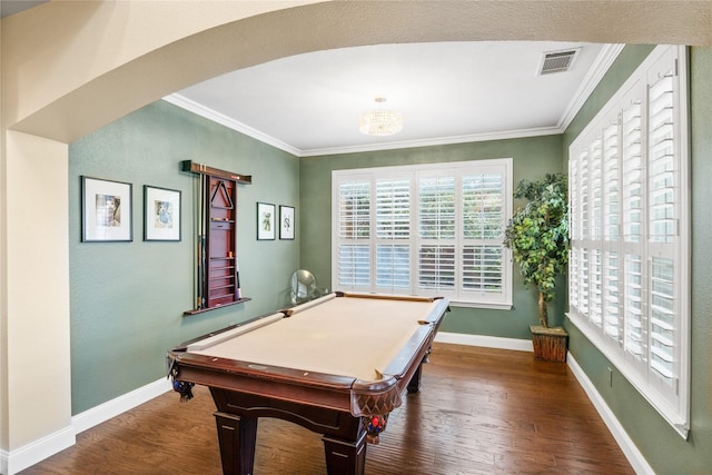 rec room with crown molding, pool table, and dark wood-type flooring