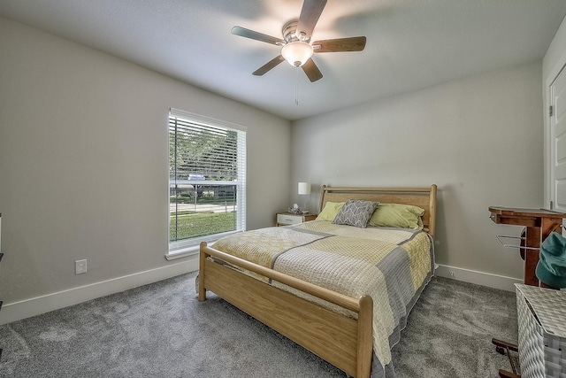 bedroom with ceiling fan and dark colored carpet