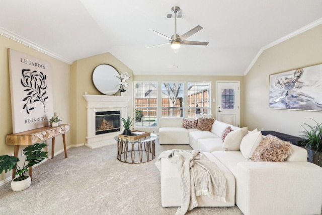 carpeted living room with lofted ceiling and ceiling fan