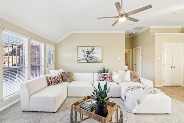 tiled living room with ceiling fan, ornamental molding, and lofted ceiling