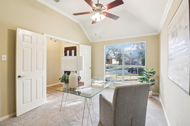 interior space with ceiling fan, crown molding, light carpet, and vaulted ceiling