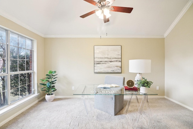 office with light carpet, ornamental molding, and plenty of natural light