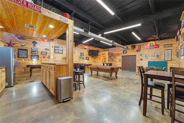 playroom with wooden ceiling, pool table, wooden walls, and ceiling fan