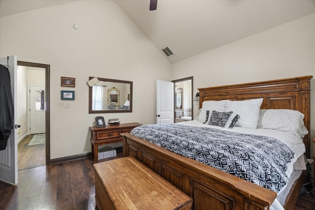 bedroom with ceiling fan, dark hardwood / wood-style floors, and high vaulted ceiling