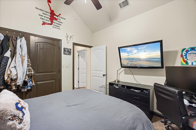 bedroom featuring ceiling fan and vaulted ceiling