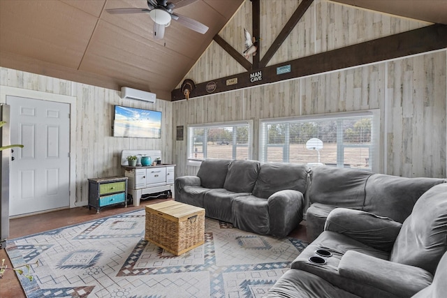 living room with ceiling fan, wood walls, a wall unit AC, high vaulted ceiling, and wooden ceiling