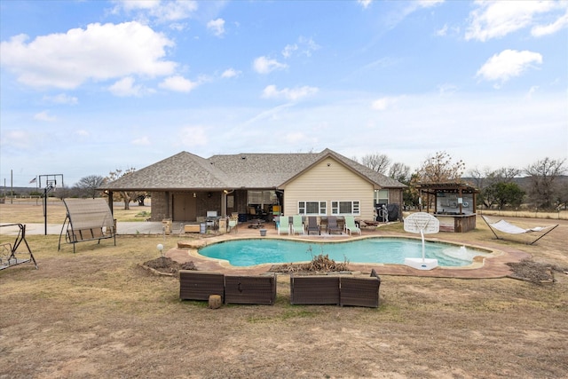 view of swimming pool featuring a patio area, a hot tub, and a pergola