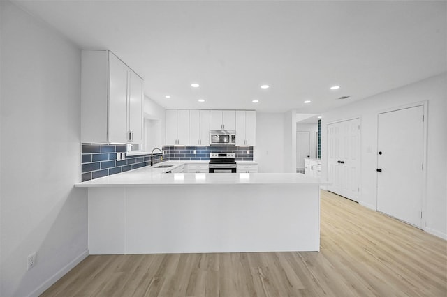 kitchen featuring appliances with stainless steel finishes, decorative backsplash, white cabinets, sink, and kitchen peninsula