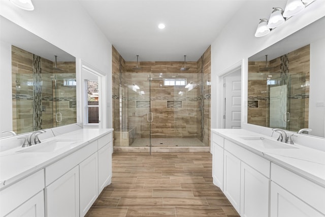 bathroom featuring vanity, a healthy amount of sunlight, and a shower with shower door