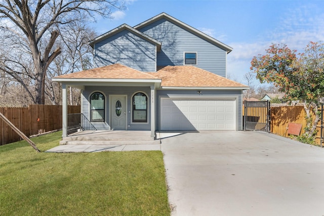 view of front of home with a garage, a porch, and a front lawn