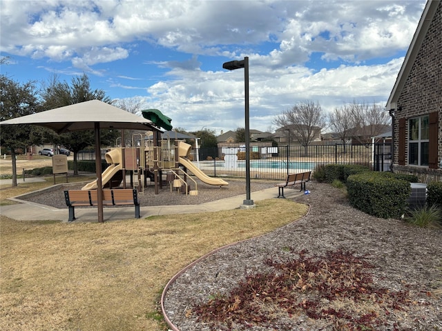 view of play area featuring a lawn and a fenced in pool