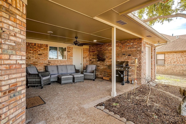 view of patio / terrace featuring ceiling fan, a grill, and outdoor lounge area