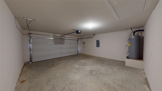 garage featuring electric water heater, a garage door opener, and electric panel