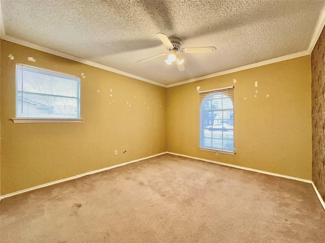 carpeted empty room featuring a textured ceiling, ceiling fan, and crown molding