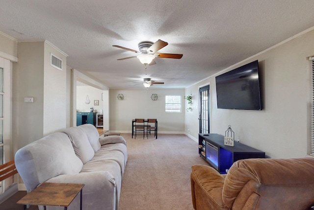 carpeted living room with ceiling fan, ornamental molding, and a textured ceiling