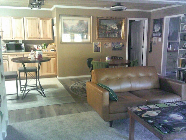 living room with crown molding and light hardwood / wood-style floors