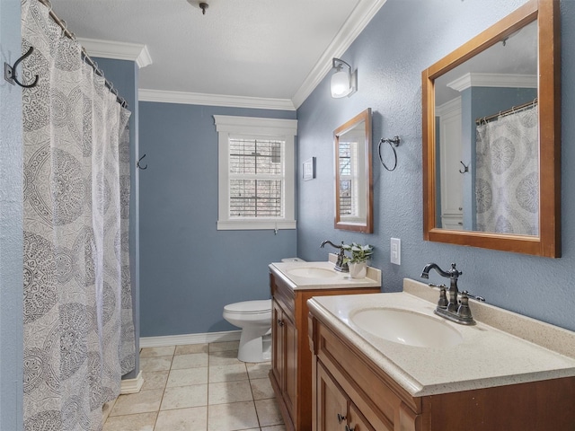 bathroom with toilet, crown molding, tile patterned floors, and vanity