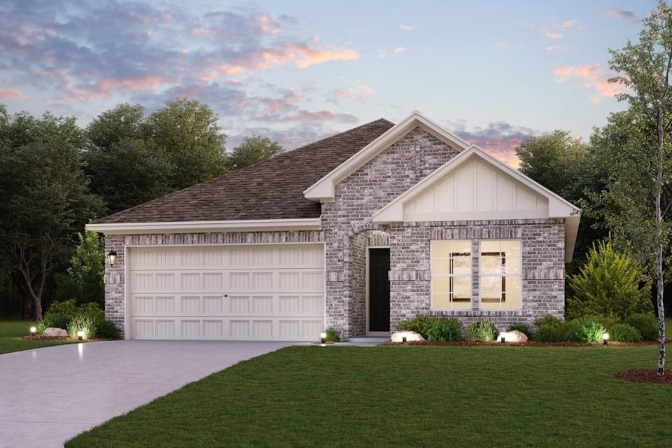 ranch-style house with a garage, brick siding, board and batten siding, and a front lawn