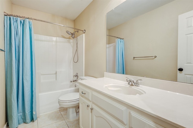 full bathroom with vanity, tile patterned floors, shower / bath combo with shower curtain, and toilet