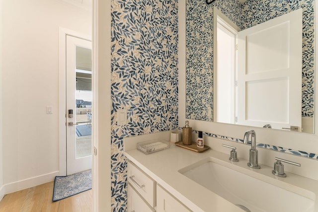 bathroom featuring wood finished floors, vanity, and baseboards