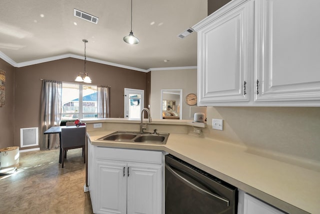 kitchen featuring dishwashing machine, white cabinetry, sink, a notable chandelier, and vaulted ceiling