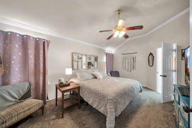 bedroom featuring ceiling fan, carpet floors, ornamental molding, and vaulted ceiling