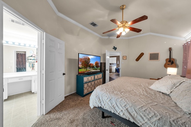 bedroom with ceiling fan, crown molding, and lofted ceiling