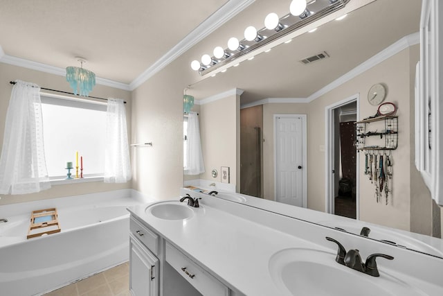 bathroom featuring vanity, tile patterned floors, a bath, an inviting chandelier, and crown molding