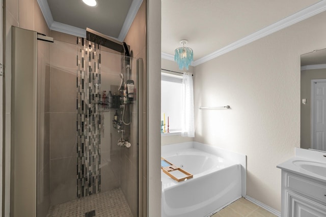 bathroom featuring ornamental molding, shower with separate bathtub, and vanity